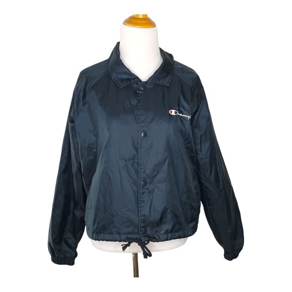 Champion Cropped Coaches Jacket Black Oversize Logo Snap Front Women Large - Picture 2 of 12